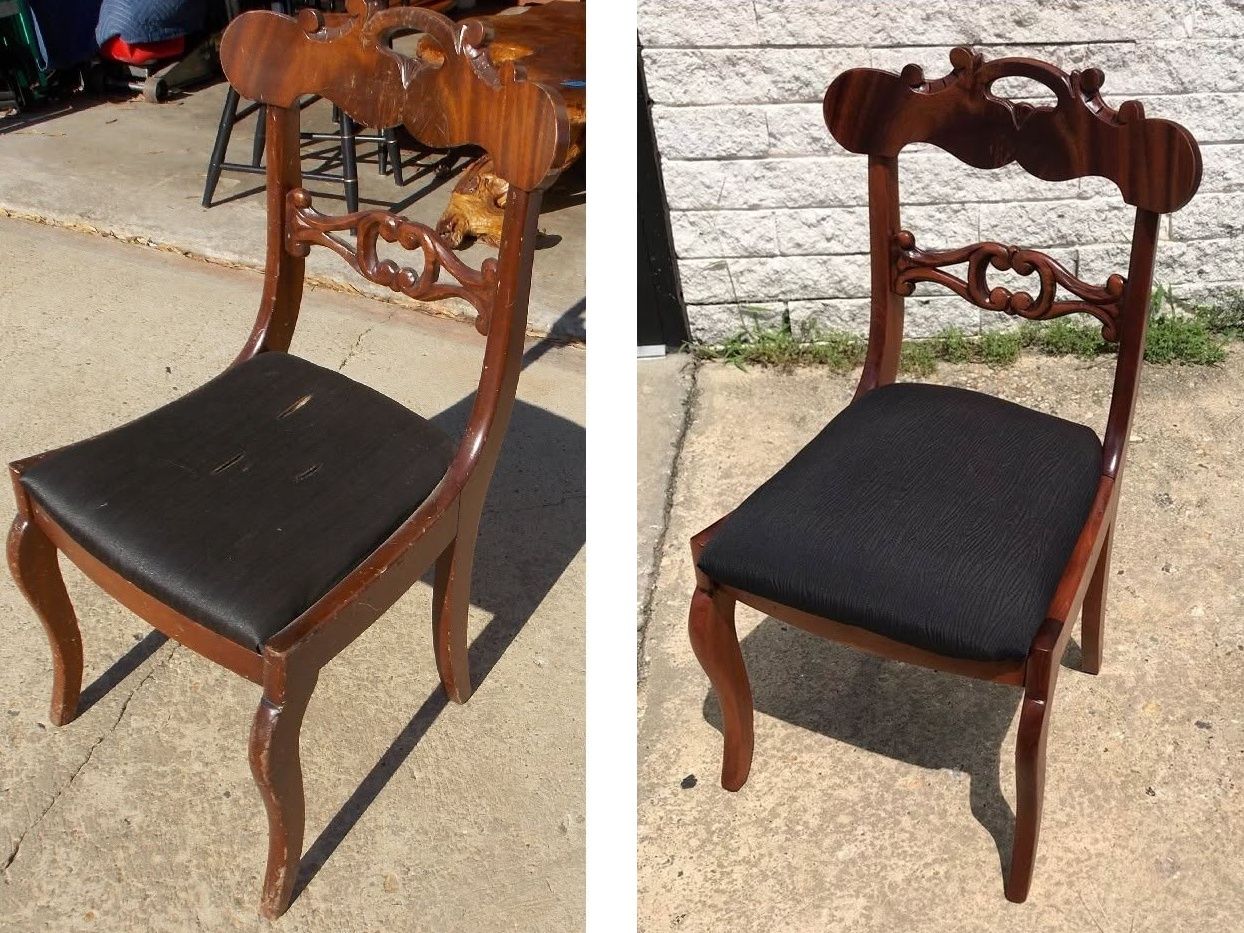 Before: a carved wooden side chair with a black seat and a scratched, worn finish. After: the same chair with a clean, even finish.