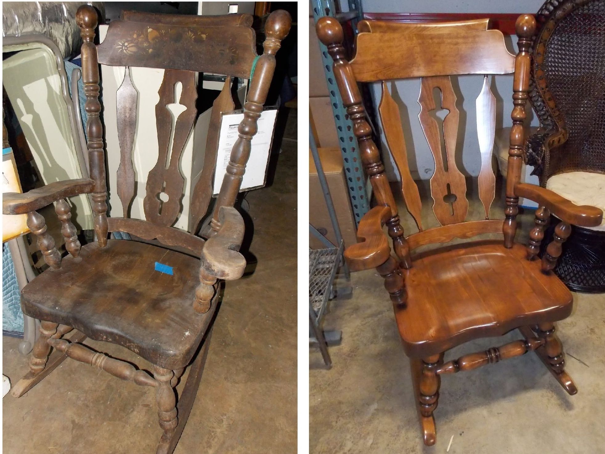 Before: a wooden rocking chair with a dark, worn and stained finish. After: the same rocker refinished in a warm, glossy wood tone.